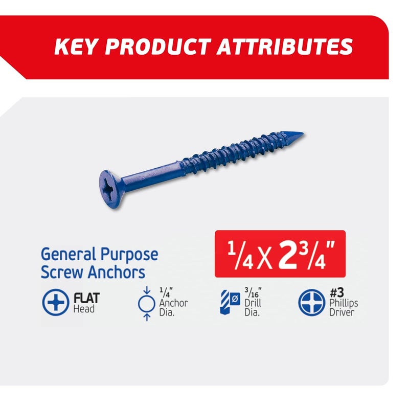 FixMaster 1/4 x 2-3/4" Countersunk Phillips Flat Head Blue Concrete Screw Anchors (100 pcs Screw Kit) with one Screwdriver and Drill Bit for Concrete, Masonry, Block, Brick and Wood Fastening - Image 2